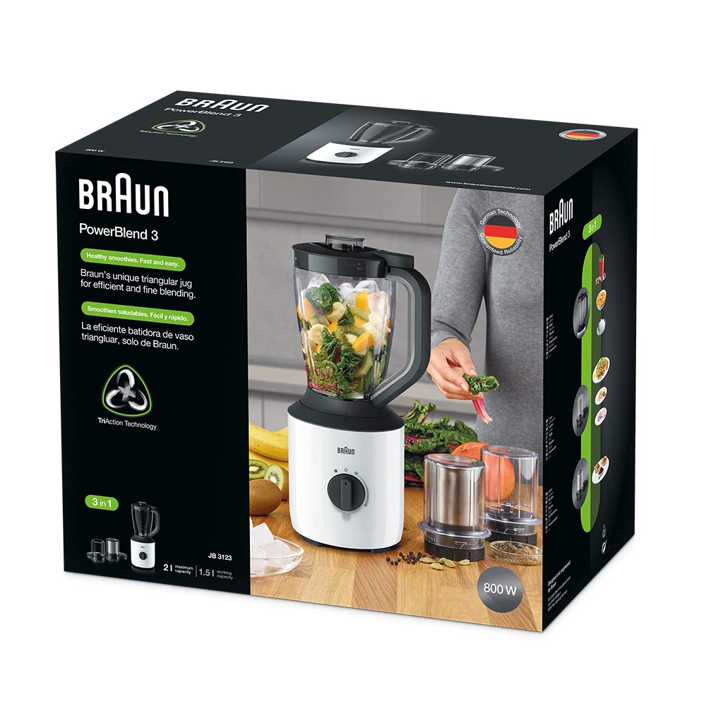 Braun Powerblend Jug Blender, 800W, 1.5L blender, TriAction Technology, Variable speed and Pulse function, Silent blending, chopper & grinder خلاط باور بلند بوعاء من براون Braun Powerblend Jug Blender, 800W, 1.5L blender, TriAction Technology, Variable speed and Pulse function, Silent blending, chopper & grinder خلاط باور بلند بوعاء من براون